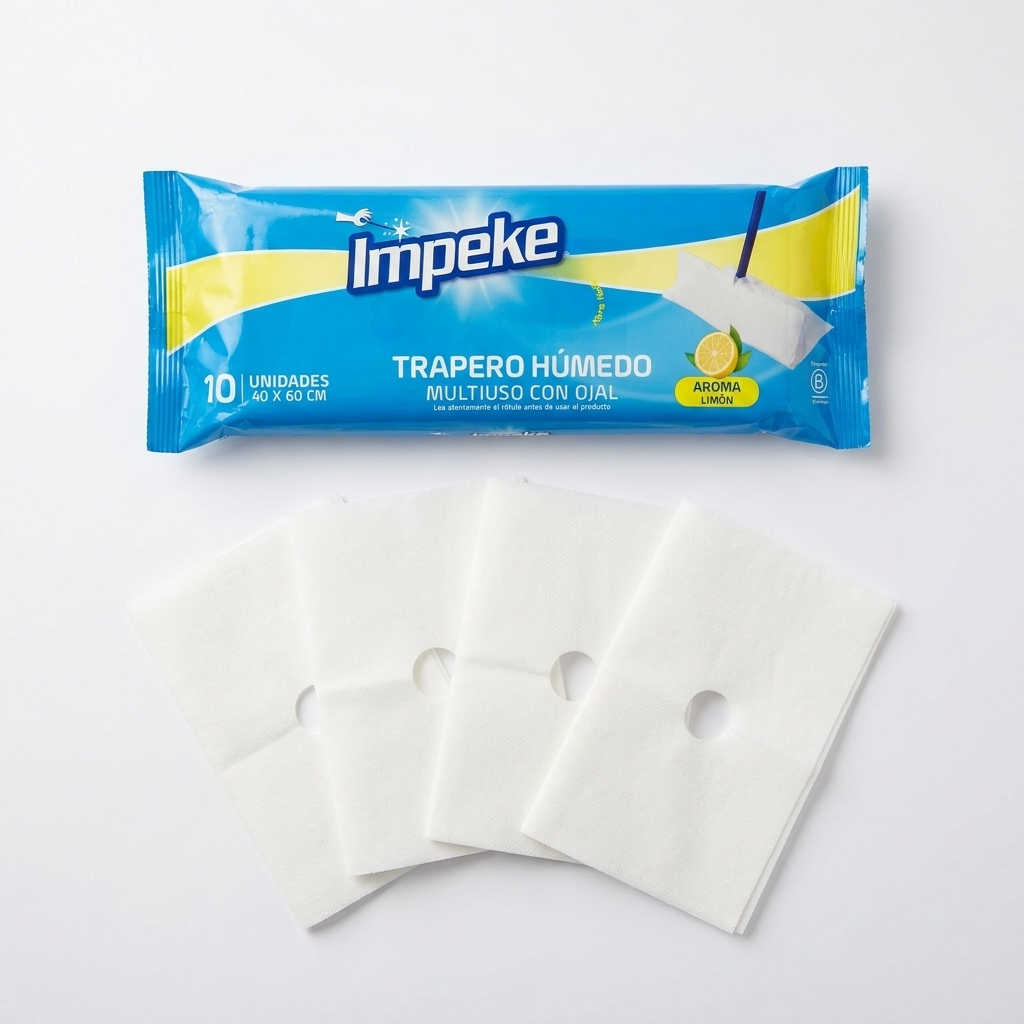 Contenido del pack: panos blancos con ojal troquelado junto al envase IMPEKE