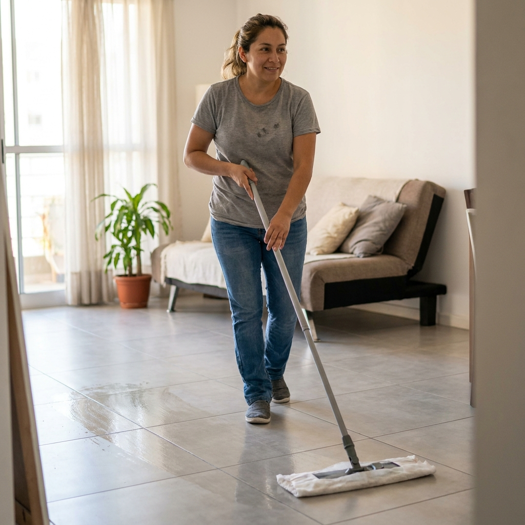 Mujer pasando el trapero humedo IMPEKE en el piso de un departamento