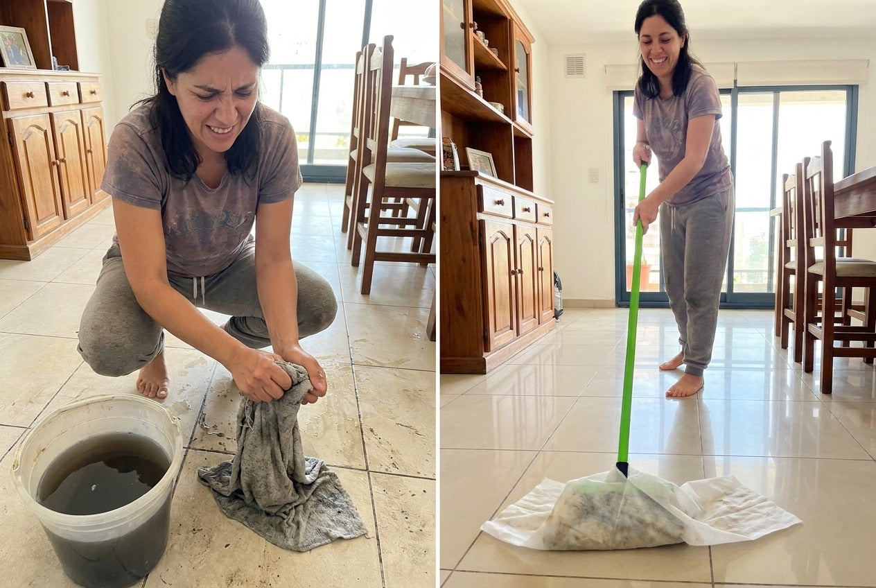 Comparacion: balde con agua sucia frente al trapo de piso descartable Impeke en el secador